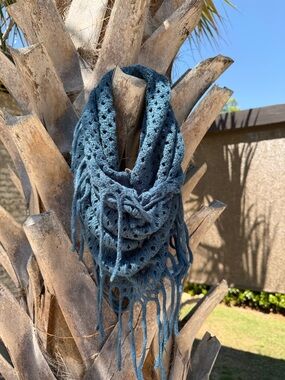 Crocheted Fringe Infinity Scarf in Teal